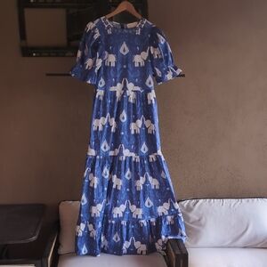 Sheridan French Blue Tiered Maxi Dress with White Elephant Print
